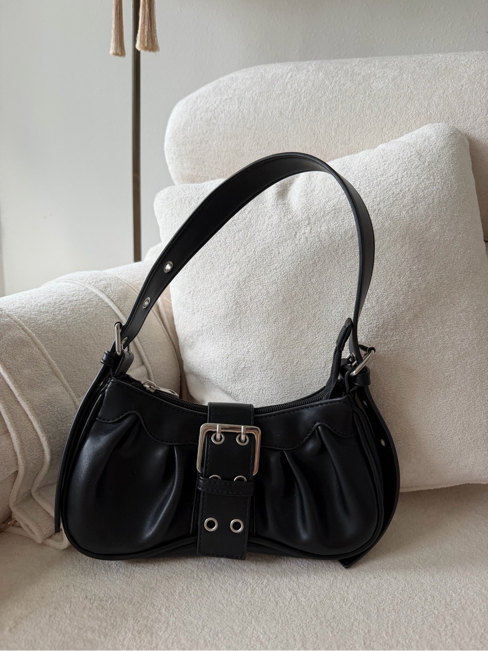 Black Buckle-Front Shoulder Bag - Women's Chic Handbag